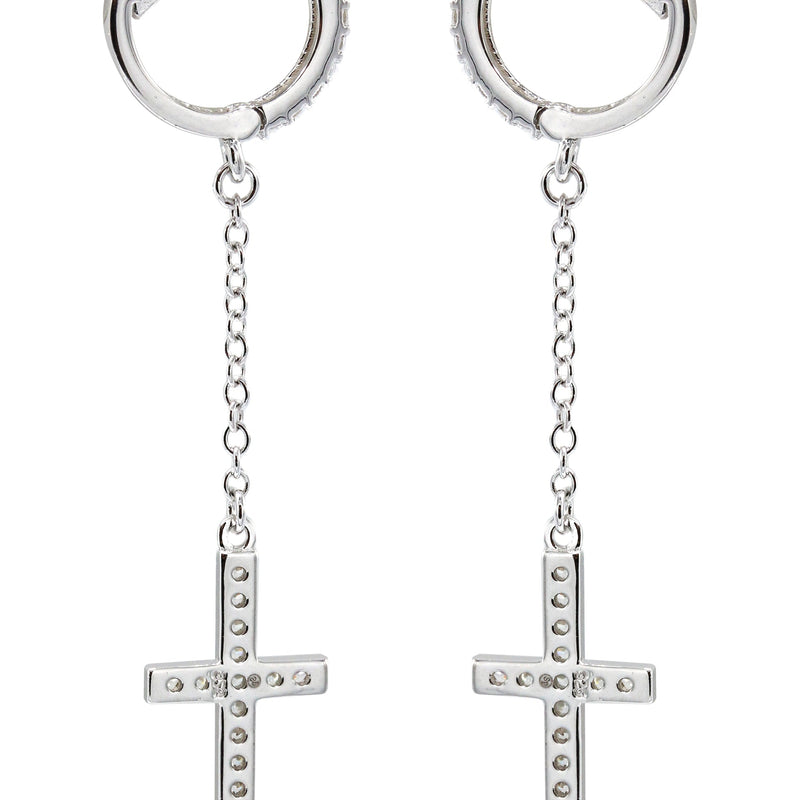 Silver Cross CZ Wire Dangling Hoop Earrings | Appx. 2.5 Grams
