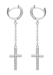 Silver Cross CZ Wire Dangling Hoop Earrings | Appx. 2.5 Grams