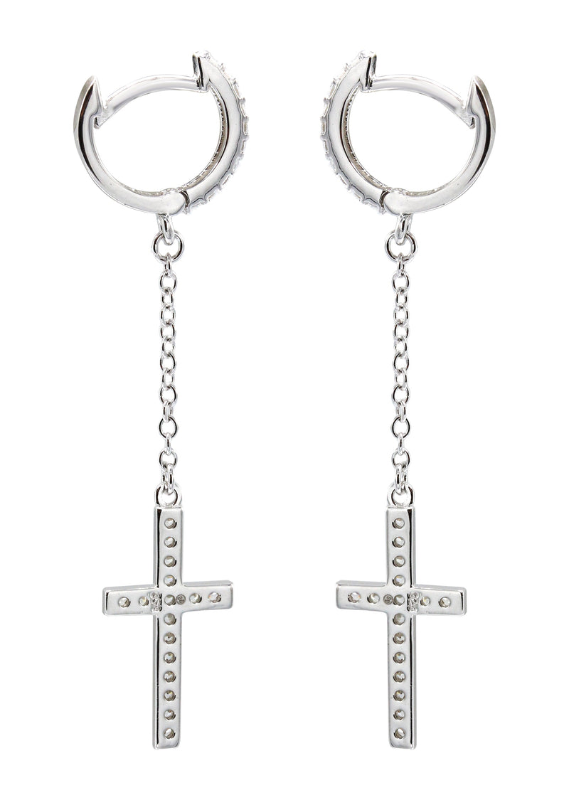 Silver Cross CZ Wire Dangling Hoop Earrings | Appx. 2.5 Grams