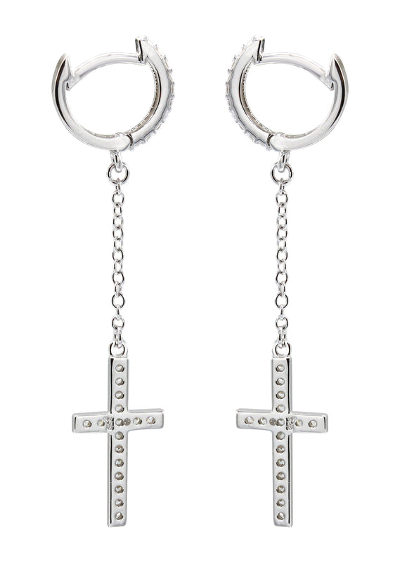 Silver Cross CZ Wire Dangling Hoop Earrings | Appx. 2.5 Grams