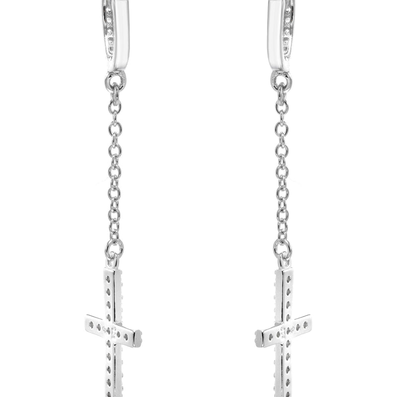 Silver Cross CZ Wire Dangling Hoop Earrings | Appx. 2.5 Grams