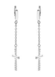 Silver Cross CZ Wire Dangling Hoop Earrings | Appx. 2.5 Grams