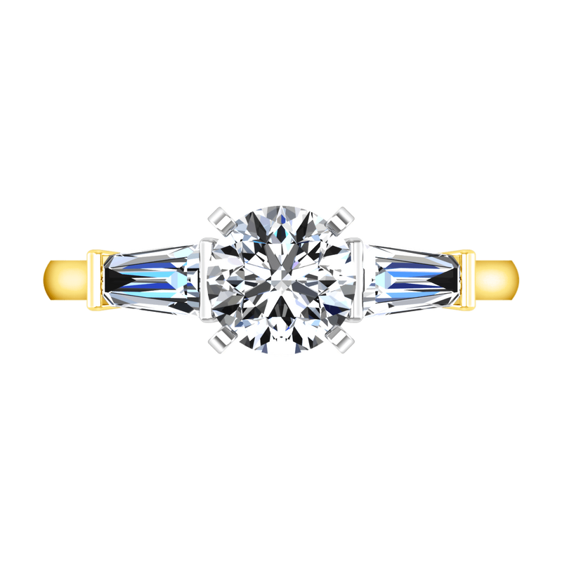 Three Stone Diamond Engagement Ring Prong Channel Set Tappered Baguette 14K Yellow Gold