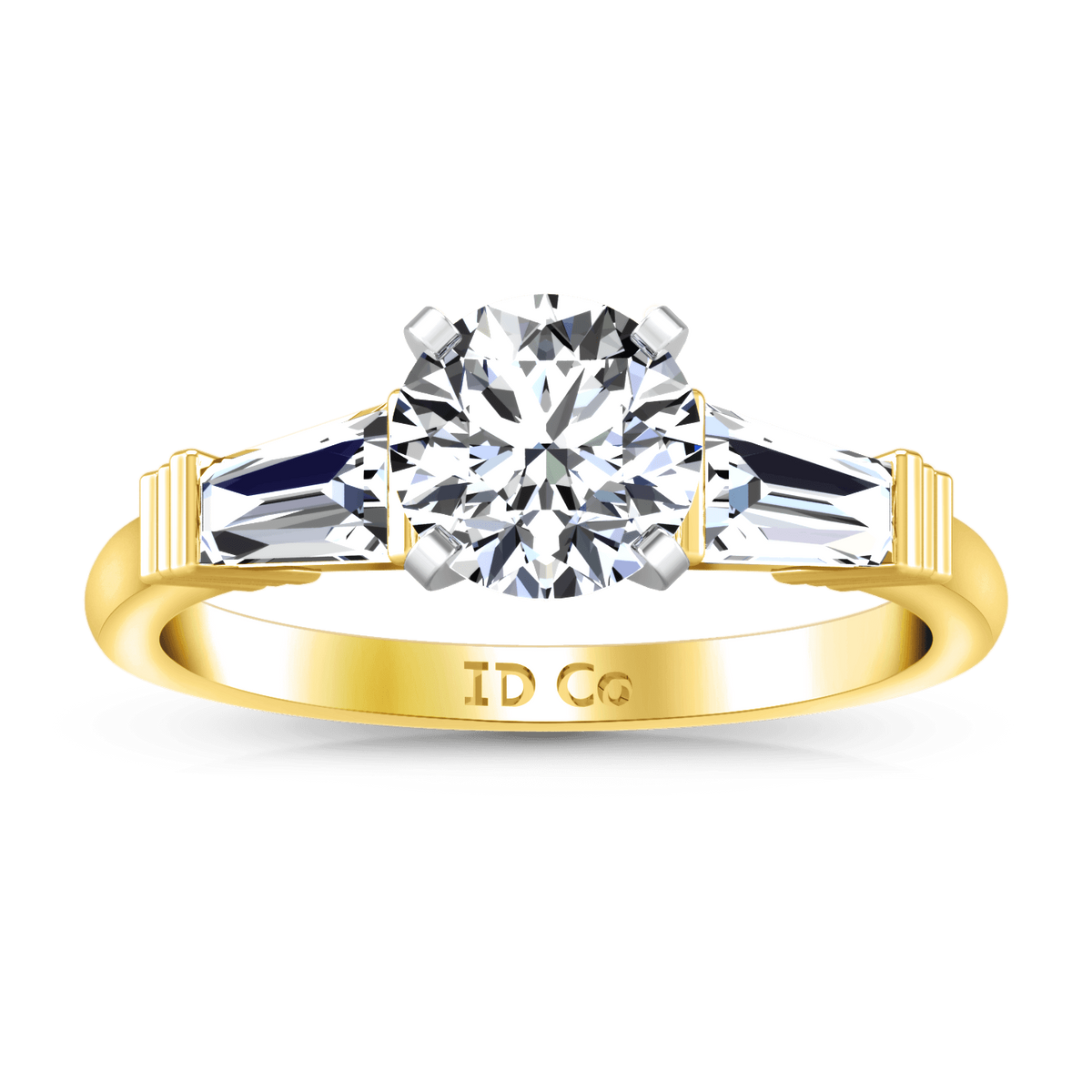 Three Stone Diamond Engagement Ring Structural Tapered Baguette 14K Yellow Gold