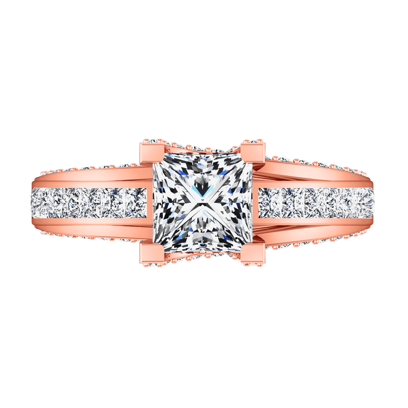 Pave Diamond Princess Cut Engagement Ring Isabella 14K Rose Gold