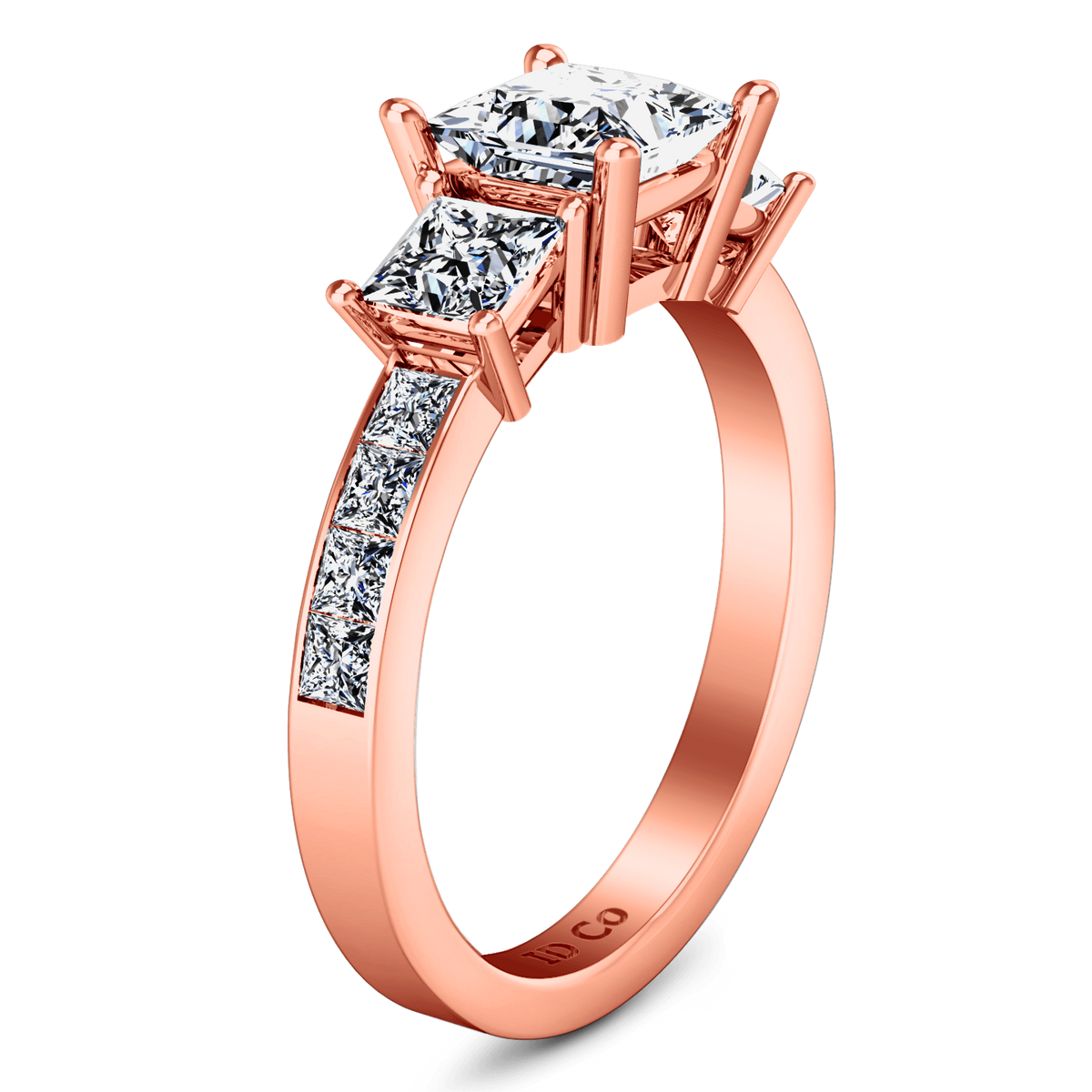 Three Stone Princess Cut Engagement Ring Rebecca 14K Rose Gold