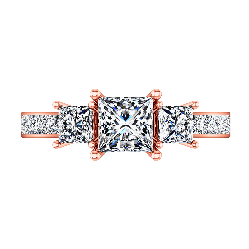 Three Stone Princess Cut Engagement Ring Rebecca 14K Rose Gold