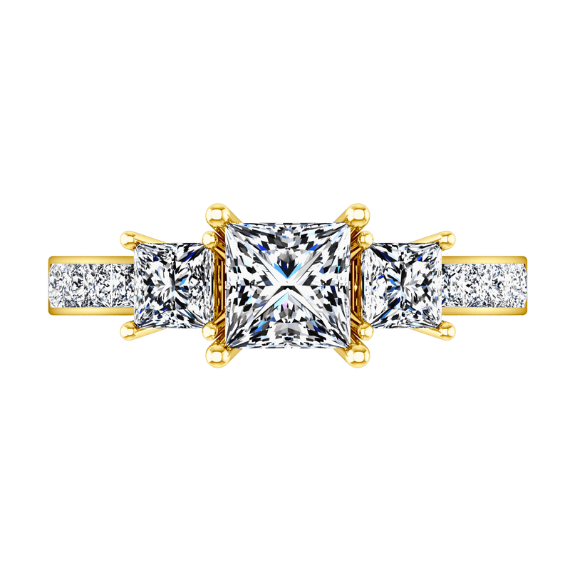 Three Stone Diamond Princess Cut Engagement Ring Rebecca 14K Yellow Gold