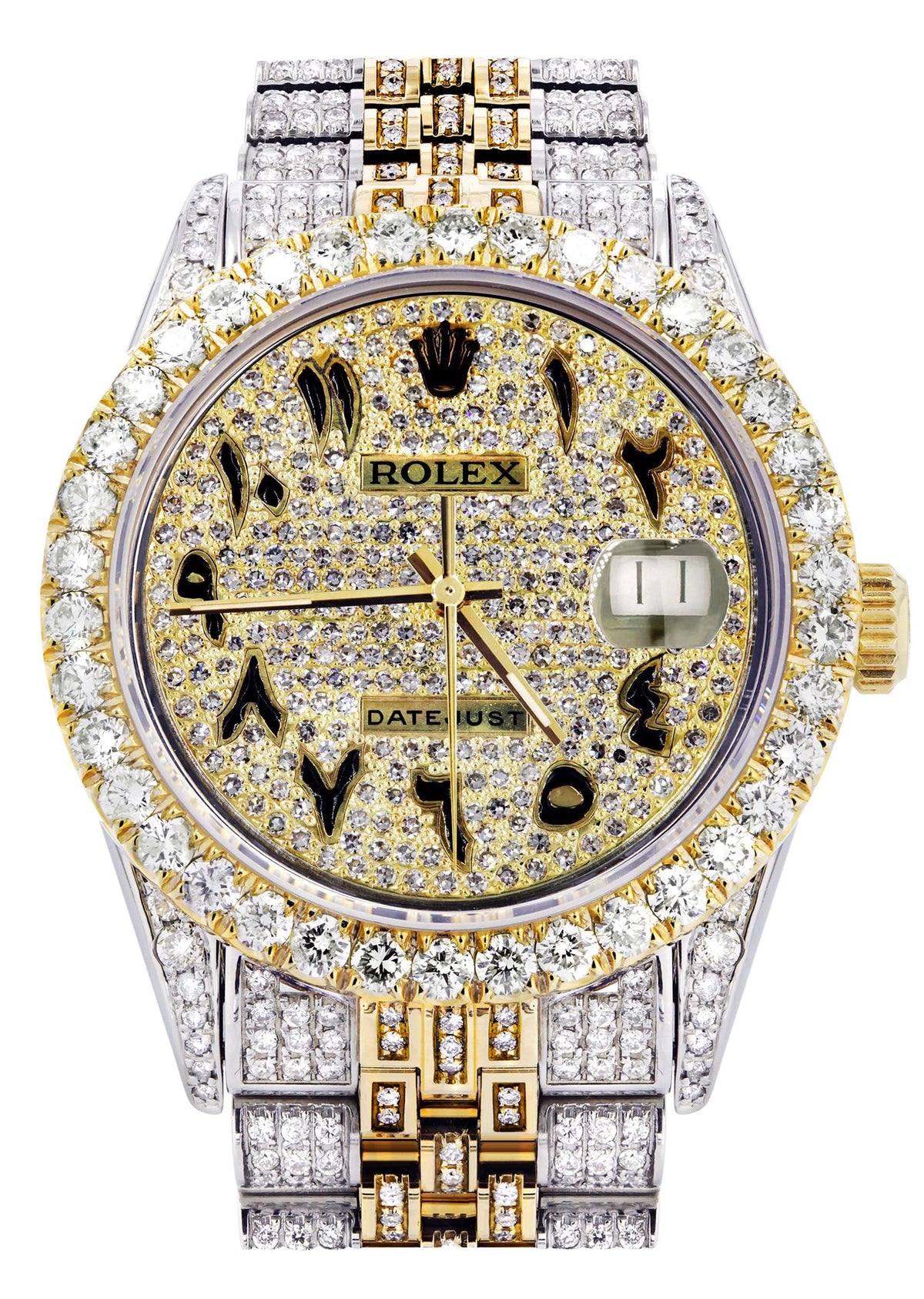 Iced Out Rolex Datejust 36 MM | Two Tone | 10 Carats of Diamonds | Full Diamond Arabic Diamond Dial