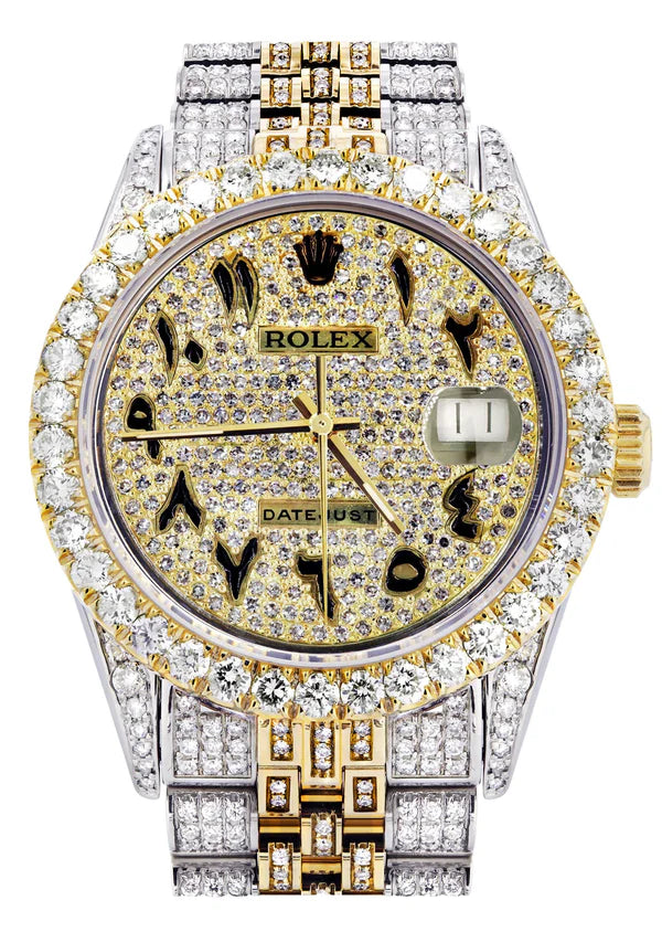 Iced Out Rolex Datejust | 36MM | Full Diamond Arabic Diamond Dial | Two Tone | Diamond Jubilee Band | 10 Carats of Diamonds
