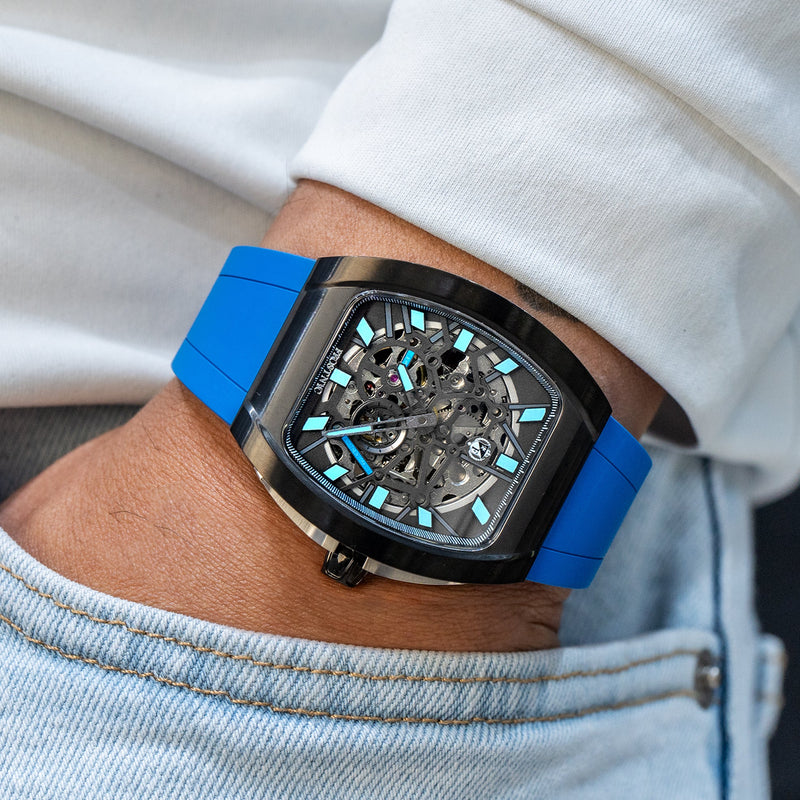 Frost NYC Mens Watch - Automatic Skeleton Sport Black Watch | FRST-01-SB | Blue