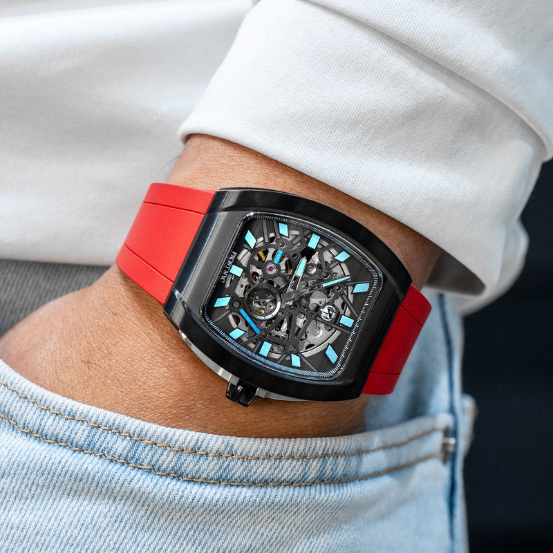 Frost NYC Mens Watch - Automatic Skeleton Sport Black Watch | FRST-01-SB| Red