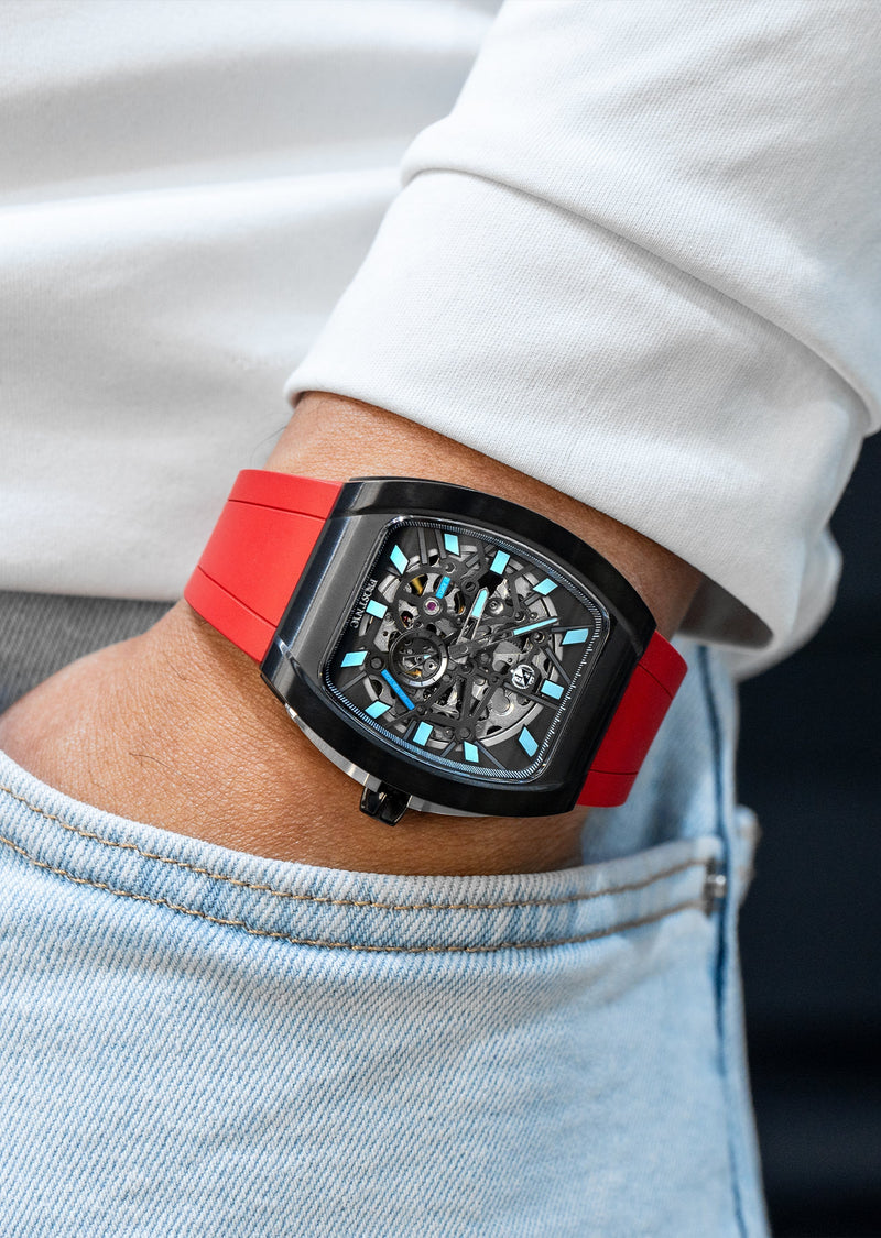 Frost NYC Mens Watch - Automatic Skeleton Sport Black Watch | FRST-01-SB| Red