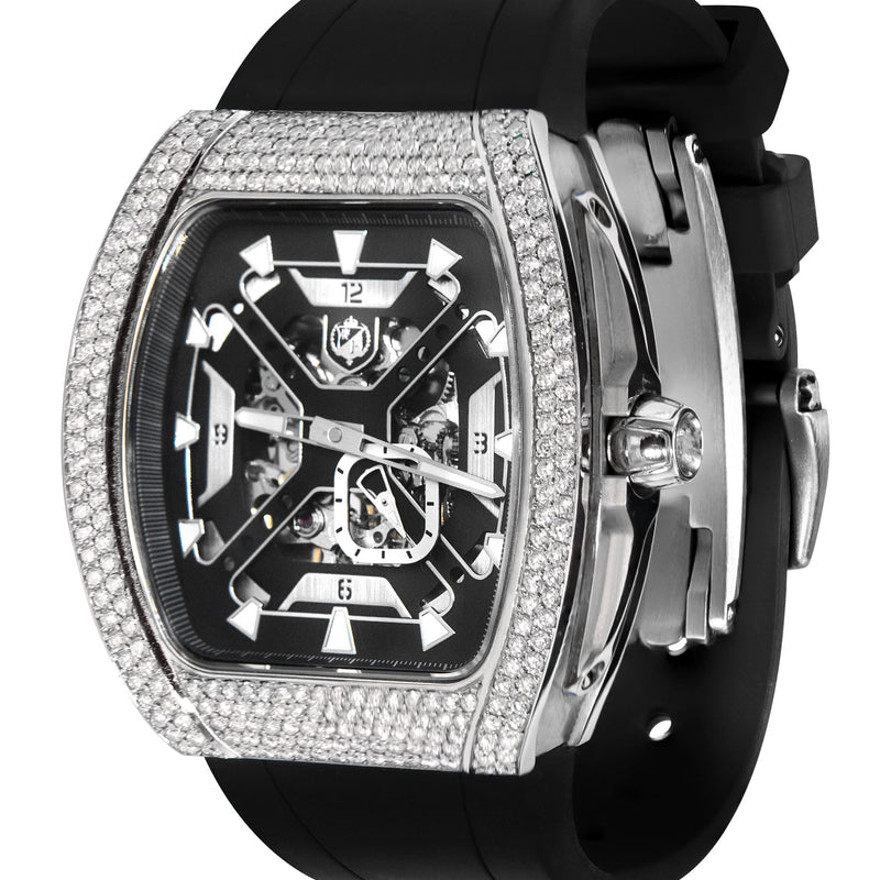 Frost NYC Mens Watch - Automatic Skeleton Stainless Steel Diamond Sport Watch | FRST-01-XS-D | Black