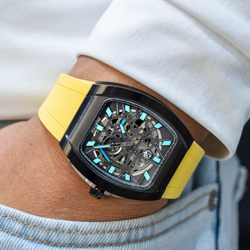 Frost NYC Mens Watch - Automatic Skeleton Sport Black Watch | FRST-01-SB| Yellow