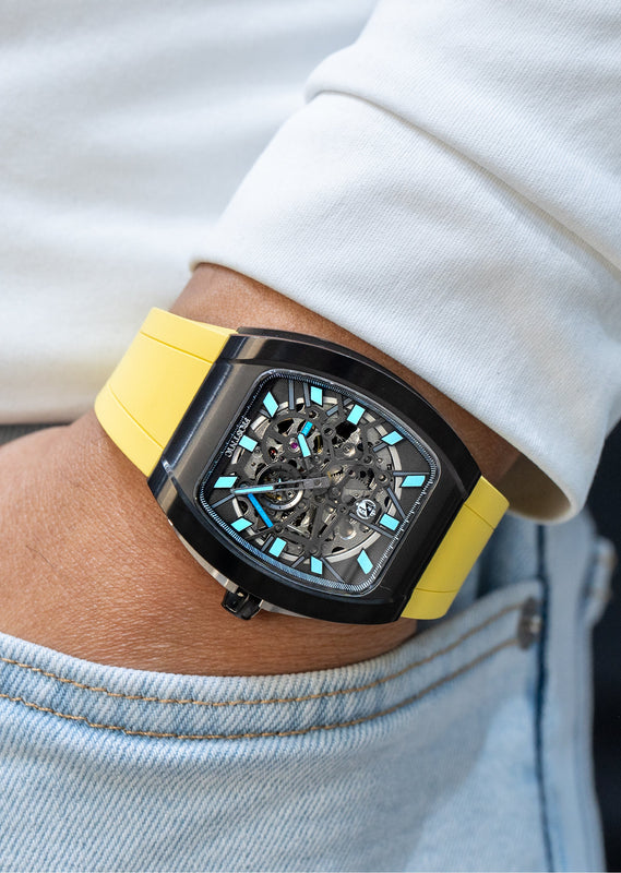 Frost NYC Mens Watch - Automatic Skeleton Sport Black Watch | FRST-01-SB| Yellow