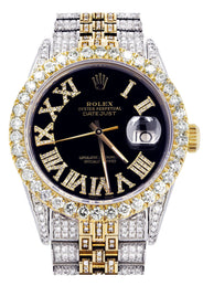 Iced Out Rolex Datejust 36 MM | Two Tone | 10 Carats of Diamonds | Black Roman Diamond Dial