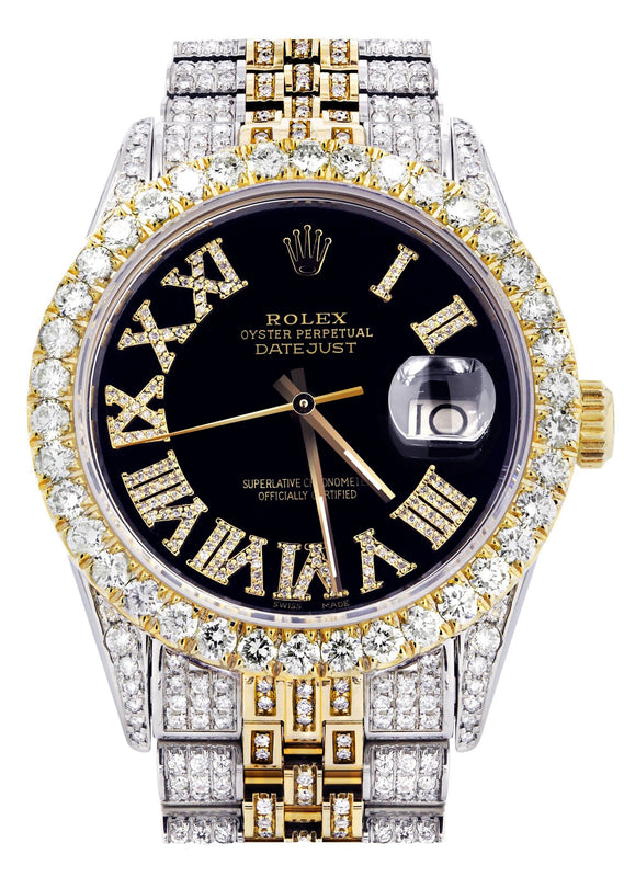 Iced Out Rolex Datejust 36 MM | Two Tone | 10 Carats of Diamonds | Black Roman Diamond Dial