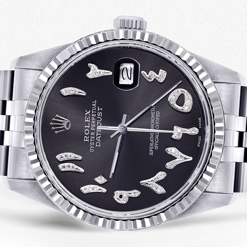 Womens Rolex Datejust Watch 16200 | Fluted Bezel | 36Mm | Black Arabic Dial | Fluted Bezel | Jubilee Band