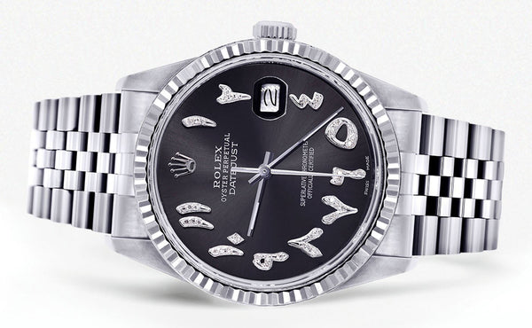 Womens Rolex Datejust Watch 16200 | Fluted Bezel | 36Mm | Black Arabic Dial | Fluted Bezel | Jubilee Band