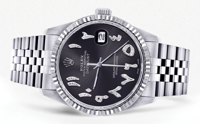 Womens Rolex Datejust Watch 16200 | Fluted Bezel | 36Mm | Black Arabic Dial | Fluted Bezel | Jubilee Band