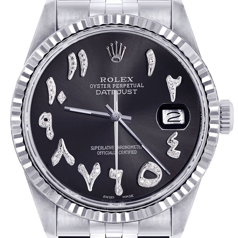 Womens Rolex Datejust Watch 16200 | Fluted Bezel | 36Mm | Black Arabic Dial | Fluted Bezel | Jubilee Band