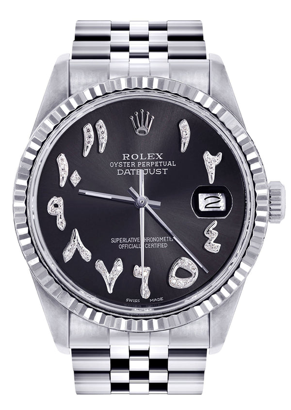 Womens Rolex Datejust Watch 16200 | Fluted Bezel | 36Mm | Black Arabic Dial | Fluted Bezel | Jubilee Band
