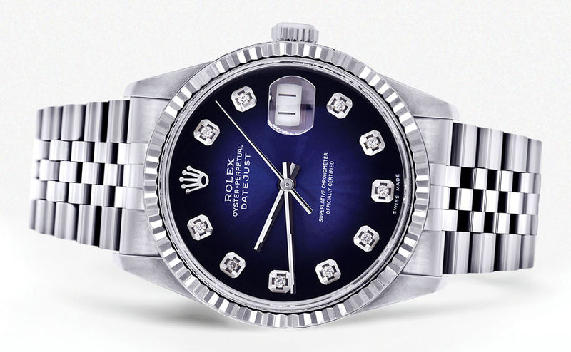 Womens Rolex Datejust Watch 16200 | Fluted Bezel | 36Mm | Blue Black Dial | Fluted Bezel | Jubilee Band