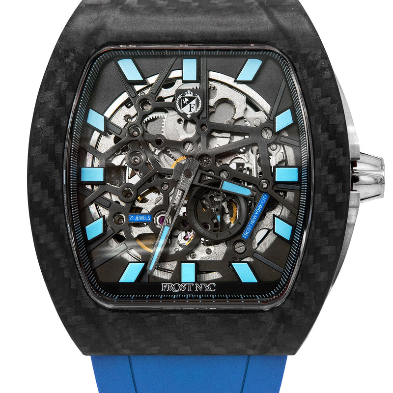 Frost NYC Mens Watch - Automatic Skeleton Carbon Fiber Sport Watch | FRST-01-CFS | Blue
