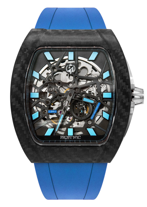 Frost NYC Mens Watch - Automatic Skeleton Carbon Fiber Sport Watch | FRST-01-CFS | Blue