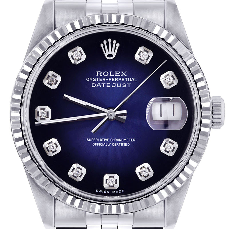 Womens Rolex Datejust Watch 16200 | Fluted Bezel | 36Mm | Blue Black Dial | Fluted Bezel | Jubilee Band