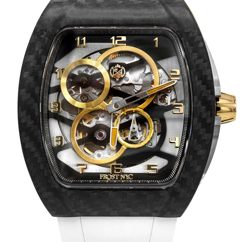 Frost NYC Mens Watch - Automatic Skeleton Carbon Fiber Sport Gold Watch | FRST-01-CFY| White