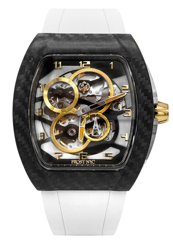 Frost NYC Mens Watch - Automatic Skeleton Carbon Fiber Sport Gold Watch | FRST-01-CFY| White