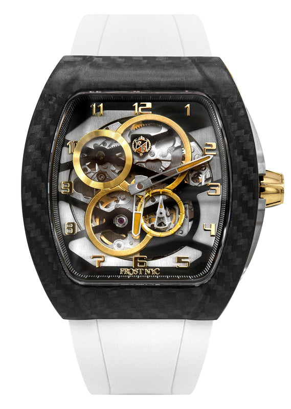 Frost NYC Mens Watch - Automatic Skeleton Carbon Fiber Sport Gold Watch | FRST-01-CFY| White