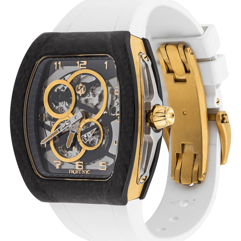 Frost NYC Mens Watch - Automatic Skeleton Carbon Fiber Sport Gold Watch | FRST-01-CFY| White