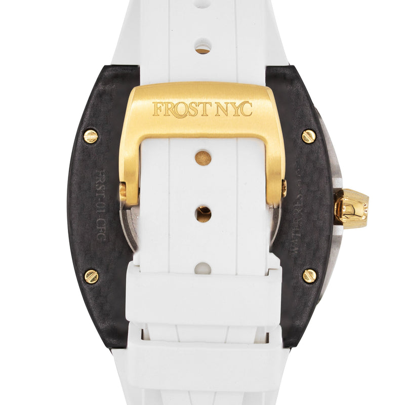 Frost NYC Mens Watch - Automatic Skeleton Carbon Fiber Sport Gold Watch | FRST-01-CFY| White