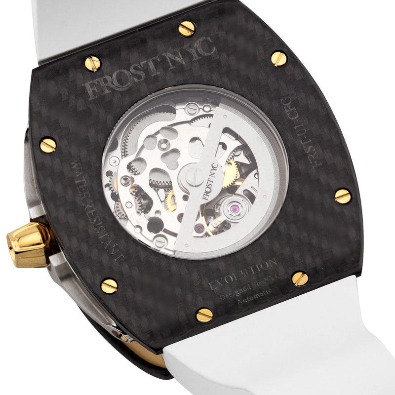 Frost NYC Mens Watch - Automatic Skeleton Carbon Fiber Sport Gold Watch | FRST-01-CFY| White
