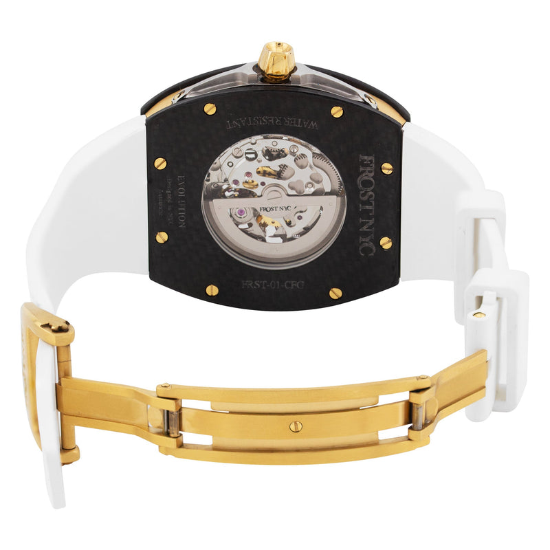 Frost NYC Mens Watch - Automatic Skeleton Carbon Fiber Sport Gold Watch | FRST-01-CFY| White