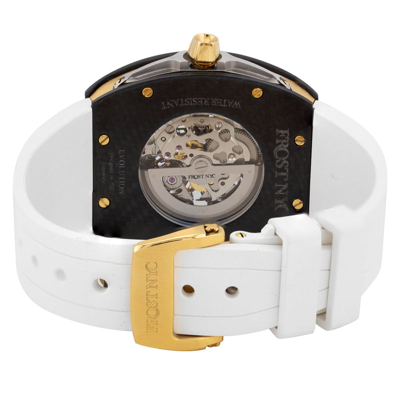 Frost NYC Mens Watch - Automatic Skeleton Carbon Fiber Sport Gold Watch | FRST-01-CFY| White