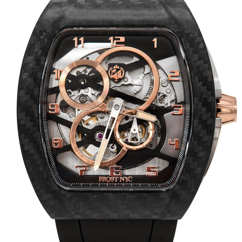 Frost NYC Mens Watch - Automatic Skeleton Carbon Fiber Rose Sport Watch | FRST-01-CFR | Black