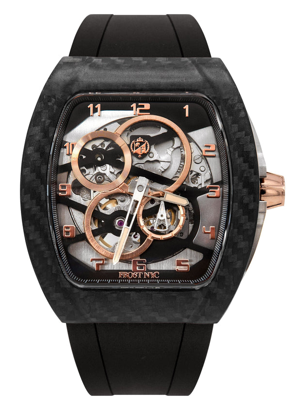 Frost NYC Mens Watch - Automatic Skeleton Carbon Fiber Rose Sport Watch | FRST-01-CFR | Black