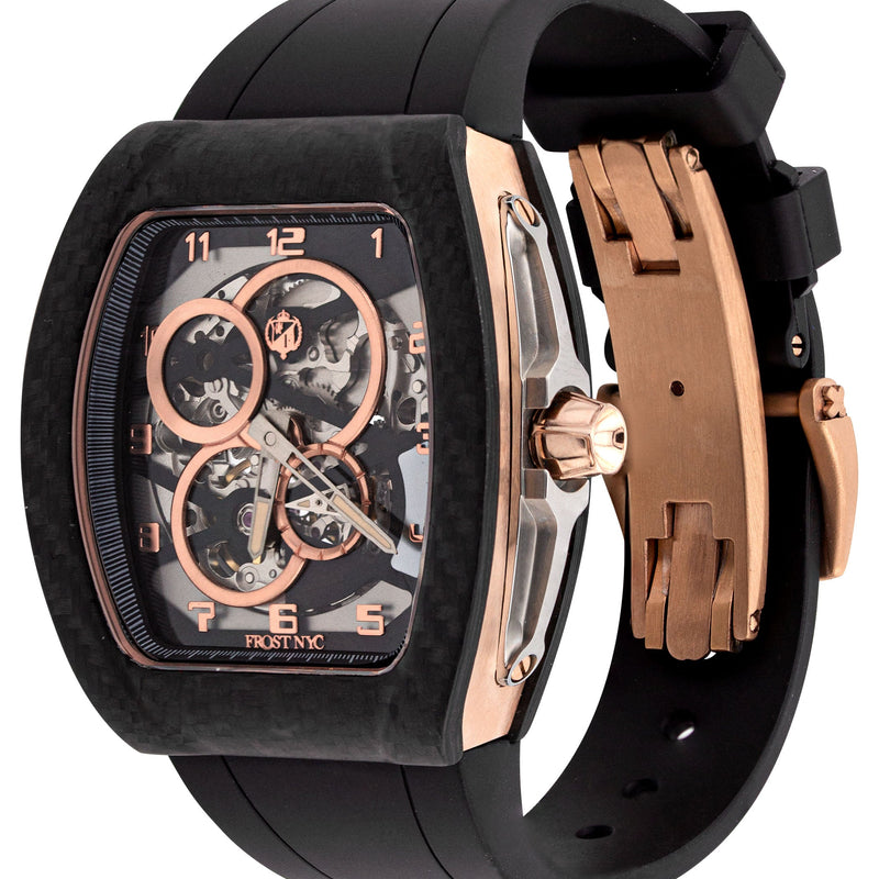 Frost NYC Mens Watch - Automatic Skeleton Carbon Fiber Rose Sport Watch | FRST-01-CFR | Black