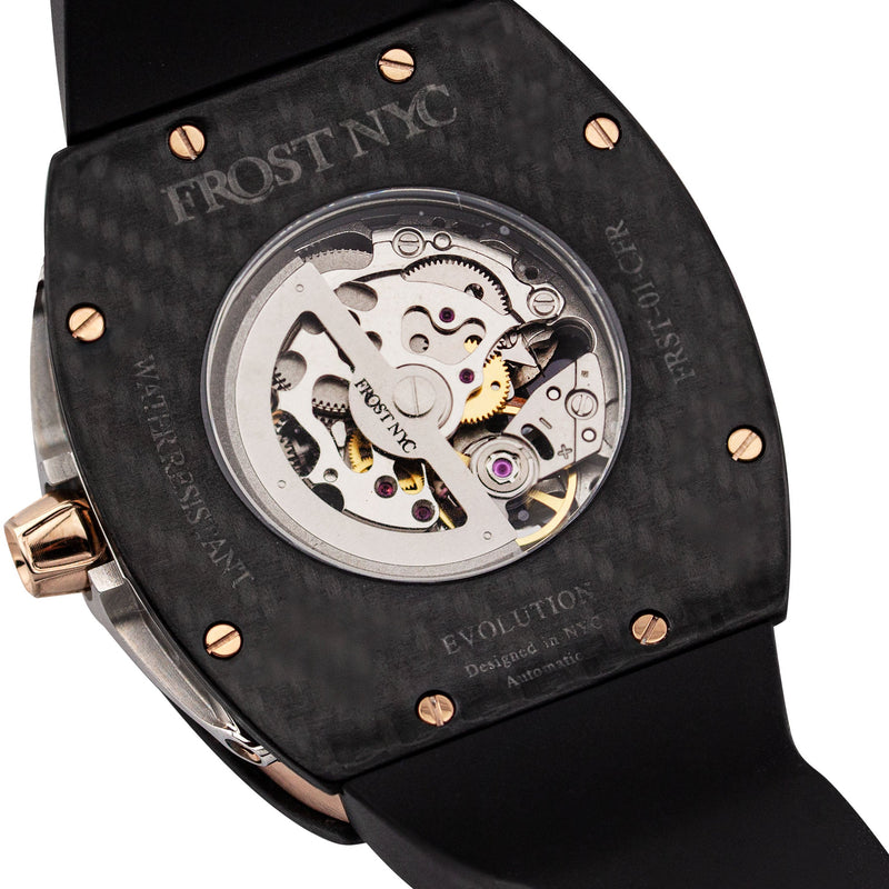 Frost NYC Mens Watch - Automatic Skeleton Carbon Fiber Rose Sport Watch | FRST-01-CFR | Black