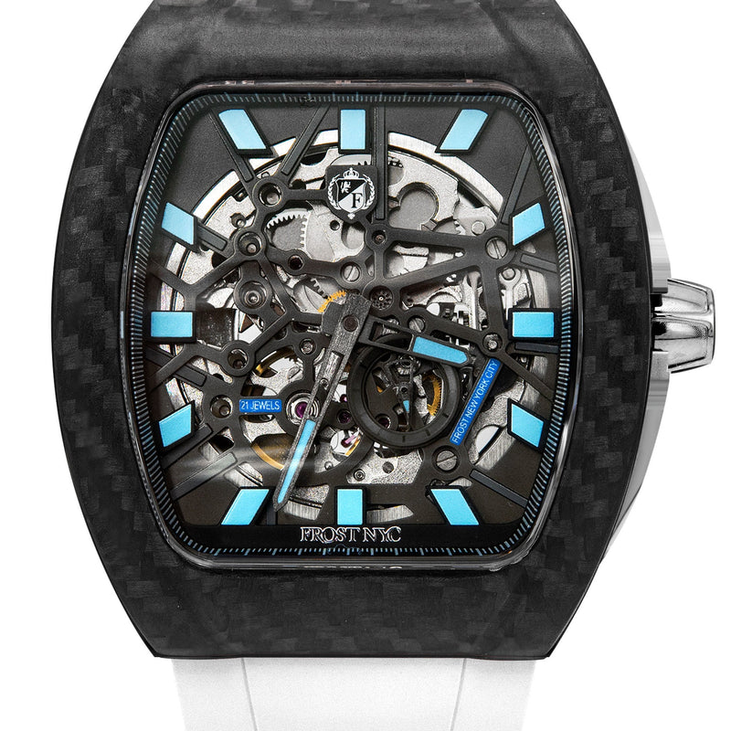 Frost NYC Mens Watch - Automatic Skeleton Carbon Fiber Sport Watch | FRST-01-CFS | White