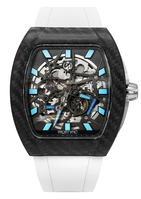 Frost NYC Mens Watch - Automatic Skeleton Carbon Fiber Sport Watch | FRST-01-CFS | White