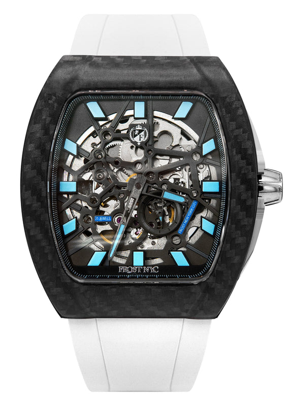 Frost NYC Mens Watch - Automatic Skeleton Carbon Fiber Sport Watch | FRST-01-CFS | White