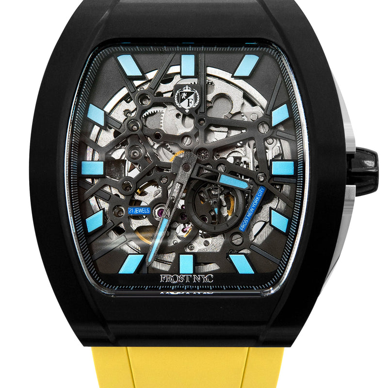 Frost NYC Mens Watch - Automatic Skeleton Sport Black Watch | FRST-01-SB| Yellow
