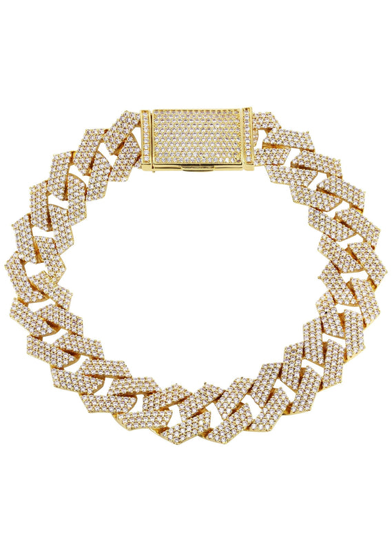 Iced Out Gold Plated Mens Prong Set Cuban Link Bracelet