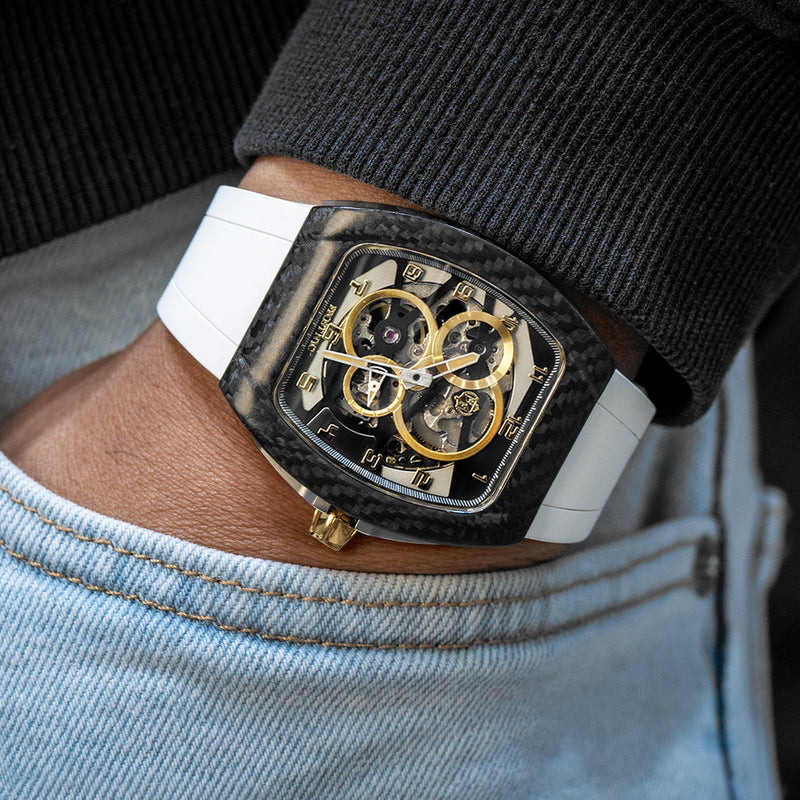 Frost NYC Mens Watch - Automatic Skeleton Carbon Fiber Sport Gold Watch | FRST-01-CFY| White