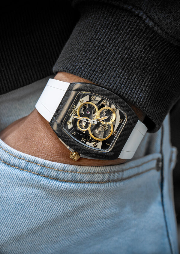 Frost NYC Mens Watch - Automatic Skeleton Carbon Fiber Sport Gold Watch | FRST-01-CFY| White